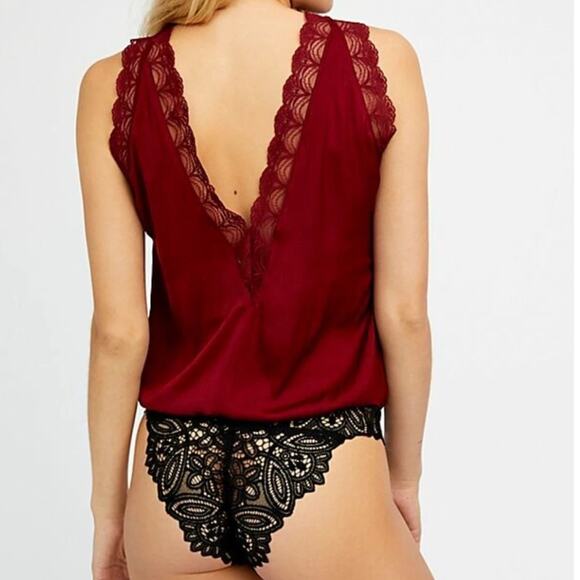 Free People - NWOT Elegant Lace Trim Burgundy Bodysuit - Picture 2 of 8